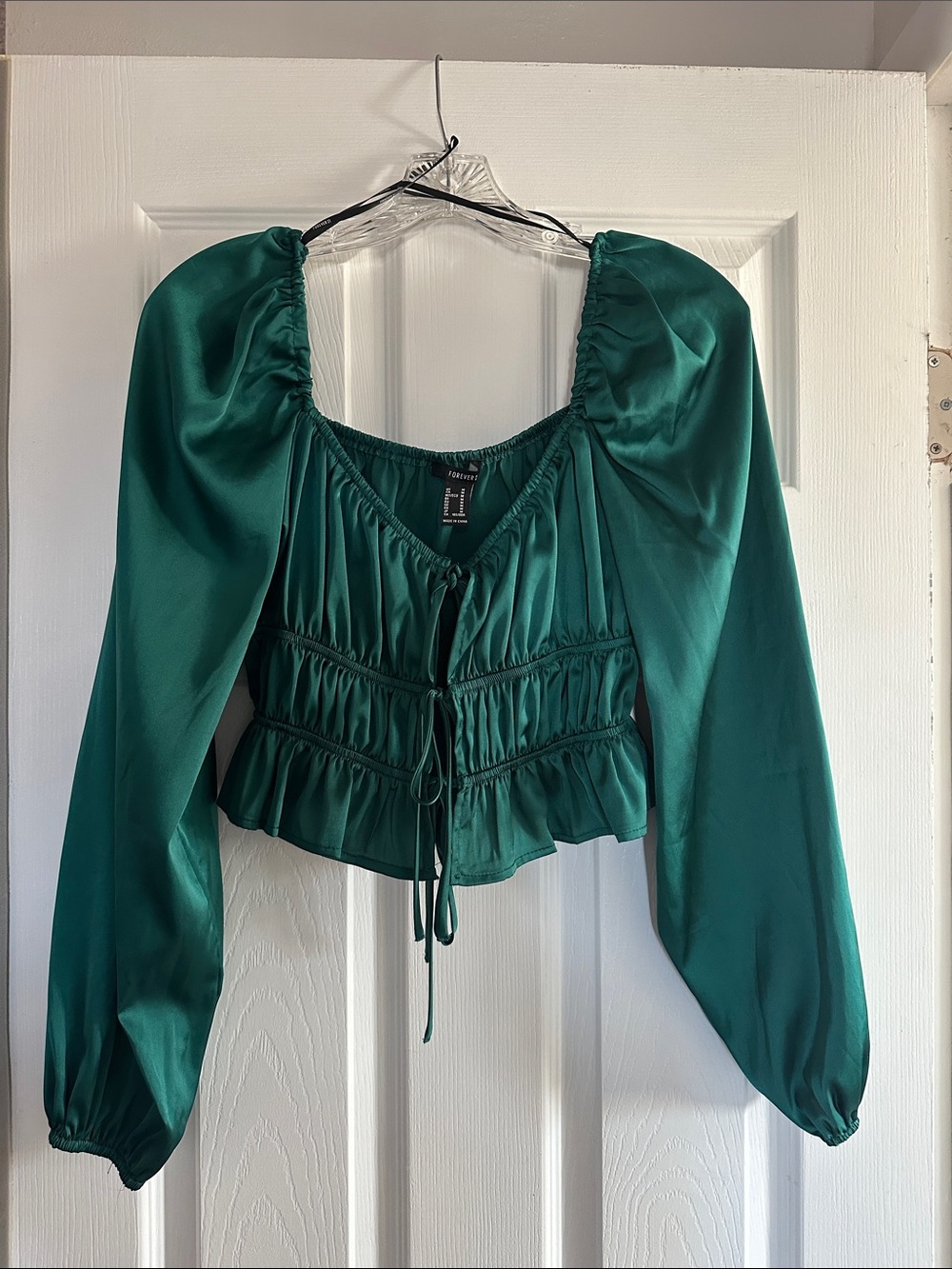 Forever 21 Teal Satin Puff-Sleeve Tie-Front Crop Top